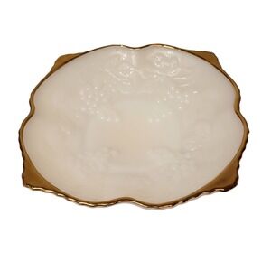 Anchor Hocking 1960's Milk Glass Harvest‎ Grape Pattern Gold Edge Footed Bowl